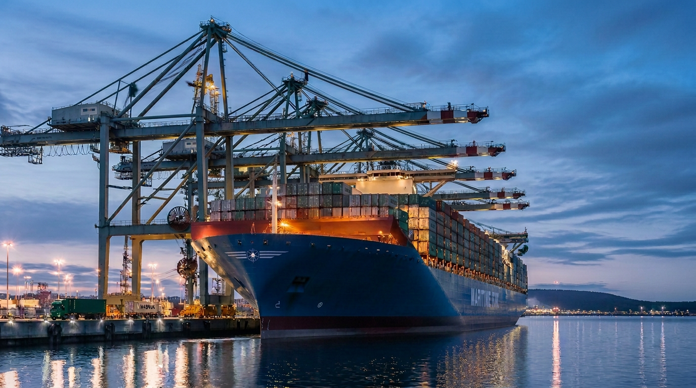 Terminal de containers na hora azul, com guindastes de pórtico sobre um navio atracado