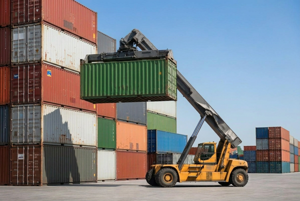 Corredor simétrico entre pilhas de containers em um pátio com névoa leve