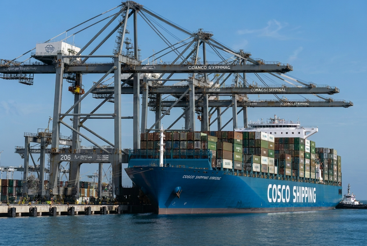 Proa de um navio porta-containers cortando o mar aberto sob céu encoberto